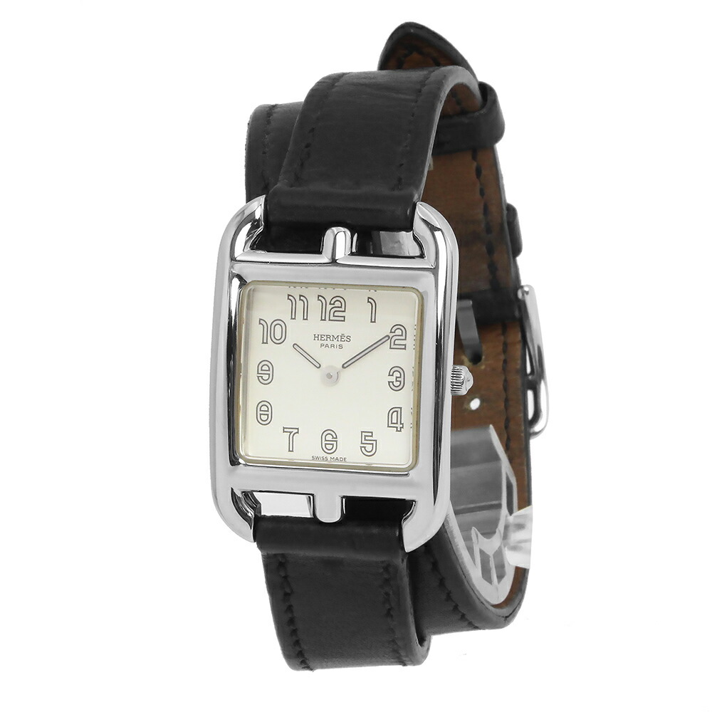 【中古】HERMES エルメス CC1.210 ケープコッド PM 31粍 ドゥブルトゥール 2重巻き ステンレス鋼スチール写真 ノワール 黒いこと しろがね色 □D目じるし 石英 ウオッチ なめし革
