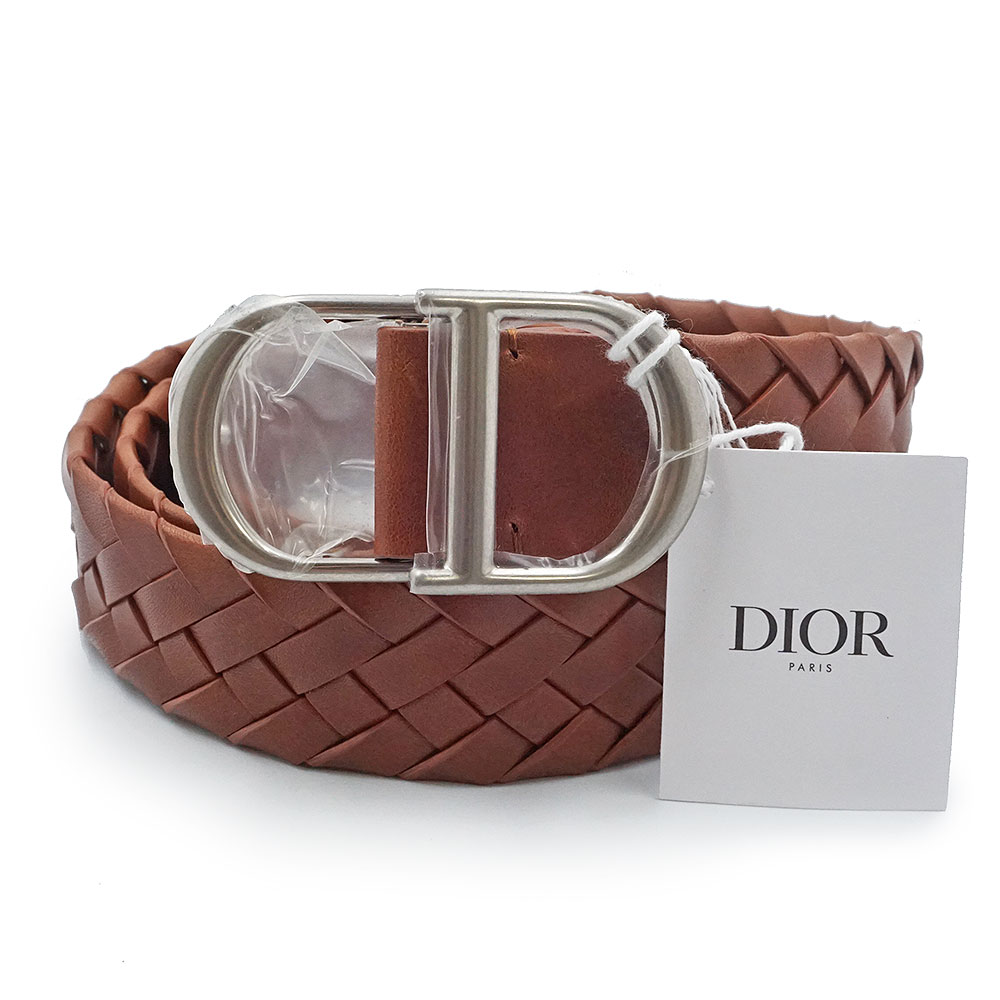 【新品・未当て嵌める品】Christian Dior ディオール 4596PDJAZ CD メッシュ 編み込み トリヨンレザー キャメルブラウン 胴締め 120コマーシャル アンティークしろがね色金具