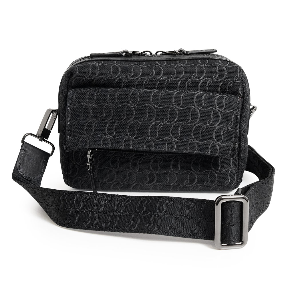 【未当て嵌める 見せびらかす品】Christian Louboutin クリスチャンルブタン 1245217 ZIP N FLAP 綿織物 なめし革 黒いこと ショルダーバッグ 曲がった掛け 火器金属元素金具