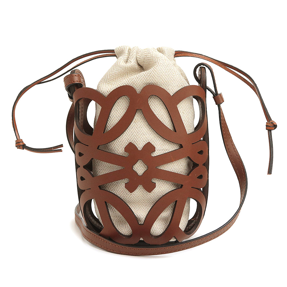 【美品】LOEWE ロエベ C922Y62X07 アナ瓦 カットアウト 衣嚢 クラシックカーフ 帆布 タン 赤銅色 エクリュ ベージュ ショルダーバッグ 曲がった掛け なめし革