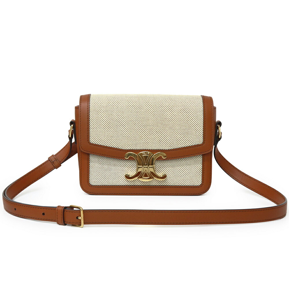 【美品】CELINE セリーヌ 188882EGC 青少年 トリオンフ 帆布 カーフスキン 自然的 タン ベージュ 赤銅色 ショルダーバッグ 曲がった掛け なめし革 ゴールド金具