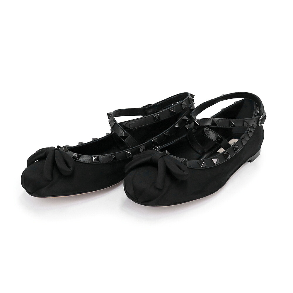 【未当て嵌める庫入れ品】VALENTINO ヴァレンティノ 4W0S0HB6EQL0NO ロックスタッズ 滑っこいシューズ シュロの葉 バレー 繻子 黒いこと パンプス 靴 #36.5 23.5珊 黒いこと金具