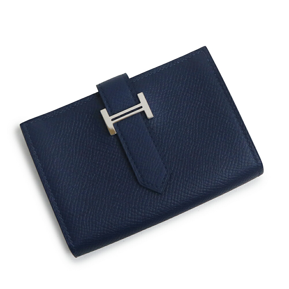 【未当て嵌める 見せびらかす品】HERMES エルメス ベアン ミニ  ヴォーエプソン ブルーサフィール Bleu Saphir T目じるし 歌留多容れもの 名刺入れ 定期入れ 通行手形容れもの なめし革 しろがね色金具