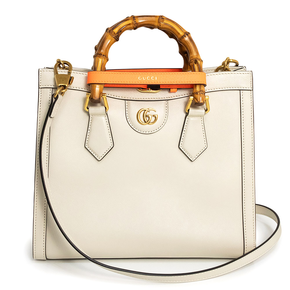 【未当て嵌める 見せびらかす品】GUCCI グッチ 660195 ダイアナ スモール トート ダブルG なめし革 バンブー 象牙色 白いこと 2Way 肩肉 ハンドバック 曲がった掛け アンティークゴールド金具