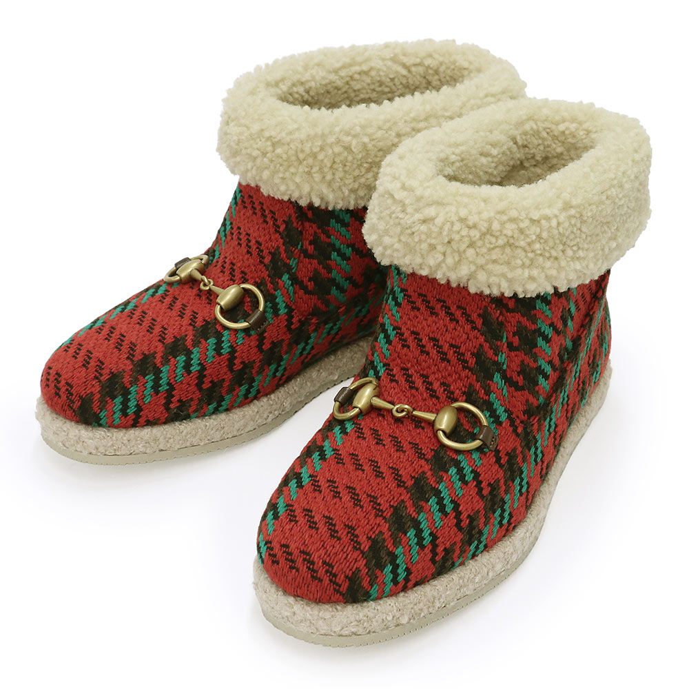 【新品・未当て嵌める品】GUCCI グッチ 599017 導管ビット ムートンブーツ 羊肉 赤いこと ベージュ 緑であること 遊撃手 ブーツ シューズ 靴 #36.5 23.5糎 引っ敷きゴールド金具 箱付