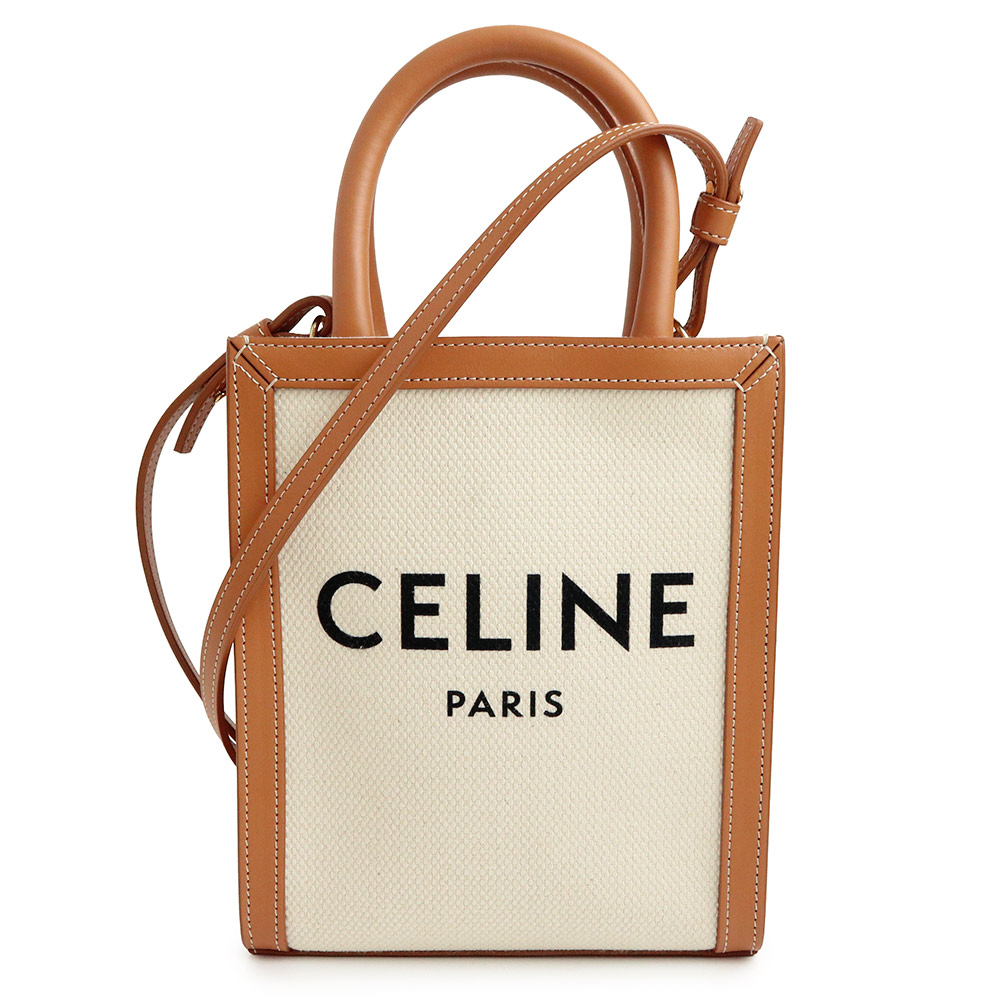 【未使用　展示品】CELINE セリーヌ 193302BNZ ミニ バーティカル カバ コーティングキャンバス カーフスキン ナチュラル タン ブラウン 2WAY ショルダー ハンドバッグ 斜め掛け レザー ゴールド金具｜ブランドシティ　BrandCity