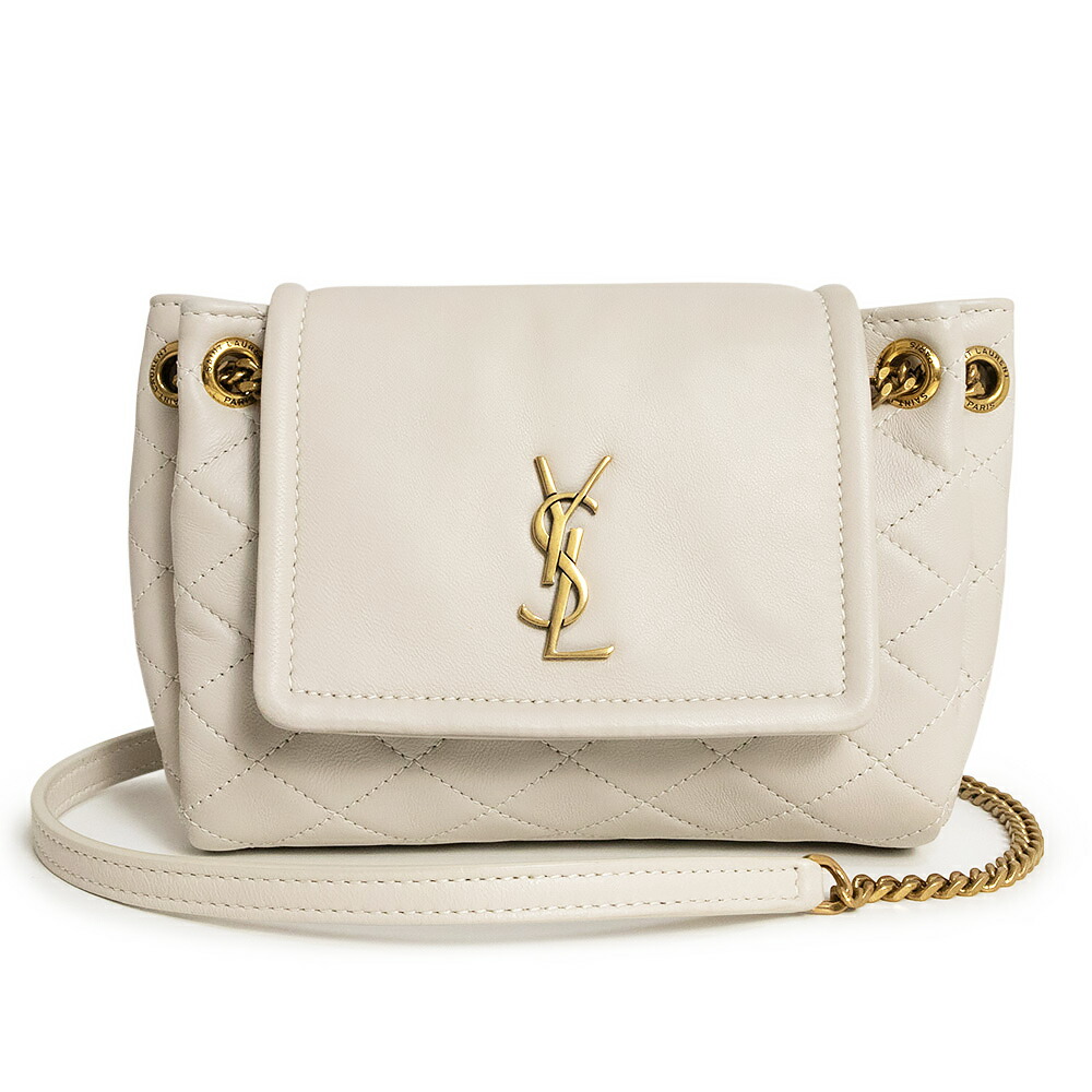 【新品・未当て嵌める品】SAINT LAURENT PARIS サンローランパリ 672738 ノリータ ミニ 子ヒツジ素はだ BLANC VINTAGE 象牙色 チェーン店 ショルダーバッグ 曲がった掛け なめし革 ゴールド金具