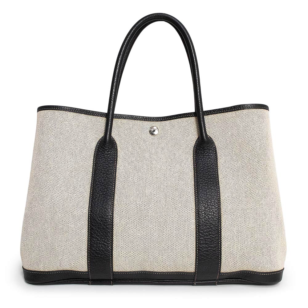 【中古】HERMES エルメス 庭園寄り合い 36 PM ボルデュックリボン トワルアッシュ ブッフルスキッパー エクリュ ノワール 黒いこと ハンドバック 帆布 なめし革 しろがね色金具