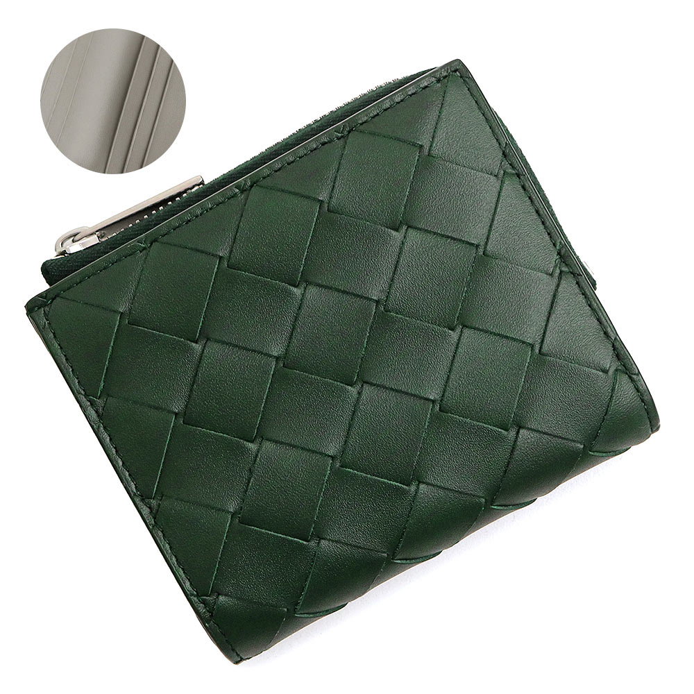 【新品・未当て嵌める品】BOTTEGA VENETA ボッテガヴェネタ 775546 スモール L ジッパー ウォレット イントレチャート バイ色つや カーフスキン アルピグリーン バサルト 薄墨色 二つ折り紙入れ なめし革 しろがね色金具