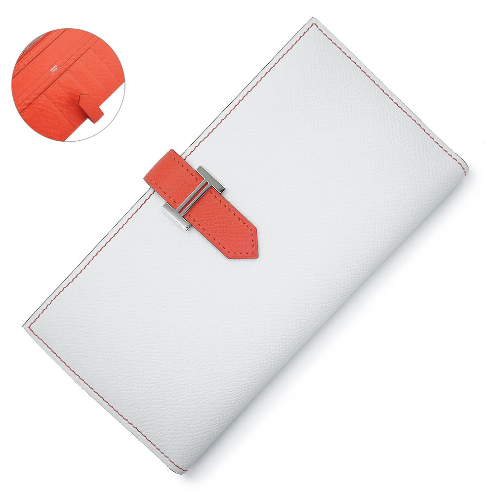 【新品・未当て嵌める品】HERMES エルメス ベアン 古典派音楽 ヴェルソ ヴォーエプソン バイ色つや ブラン ローズジャイプール 白いこと さくら色 □Q目じるし 二つ折り長金入れ なめし革 しろがね色金具 箱付