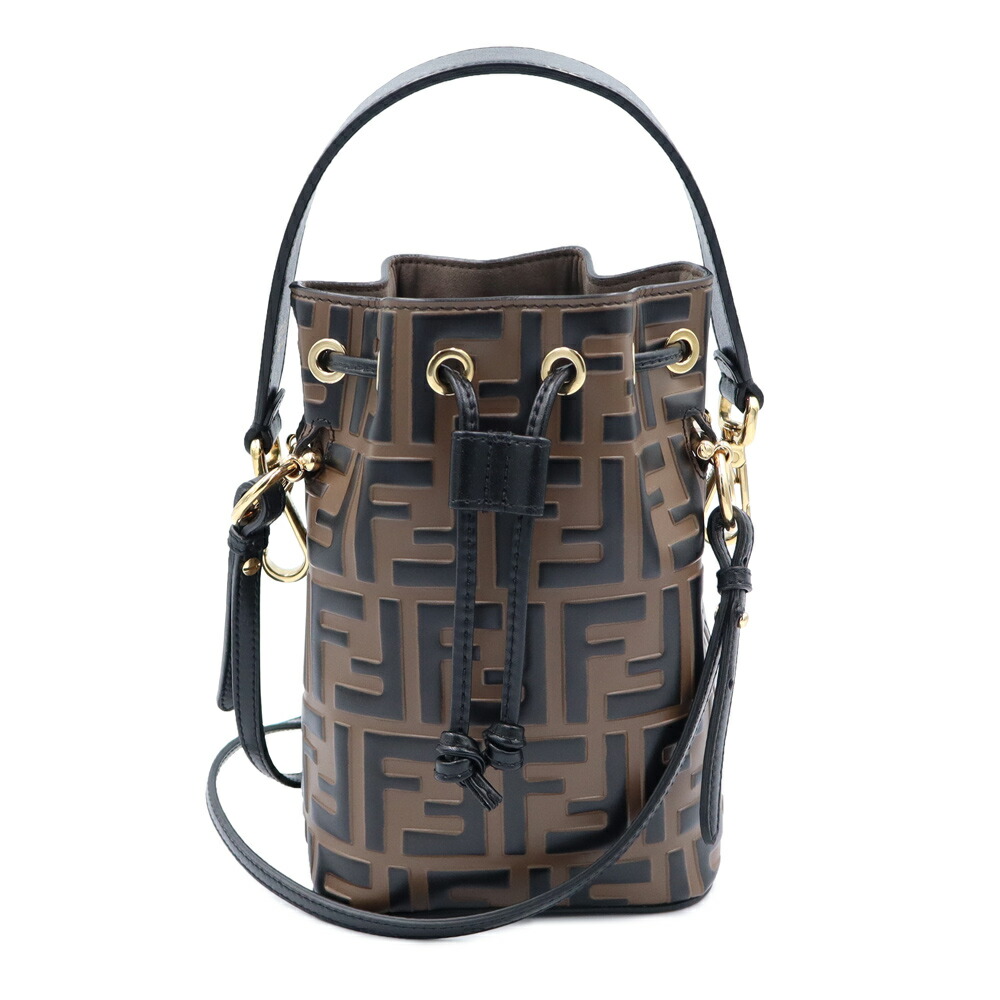 【未当てはめる 見せびらかす品】FENDI フェンディ 8BS010 ズッカ モン トレゾール 合財袋 ドローストリング カーフスキン 赤銅色 黒いこと 2way 肩先 ハンドバック 曲がった掛け なめし革 ゴールド金具