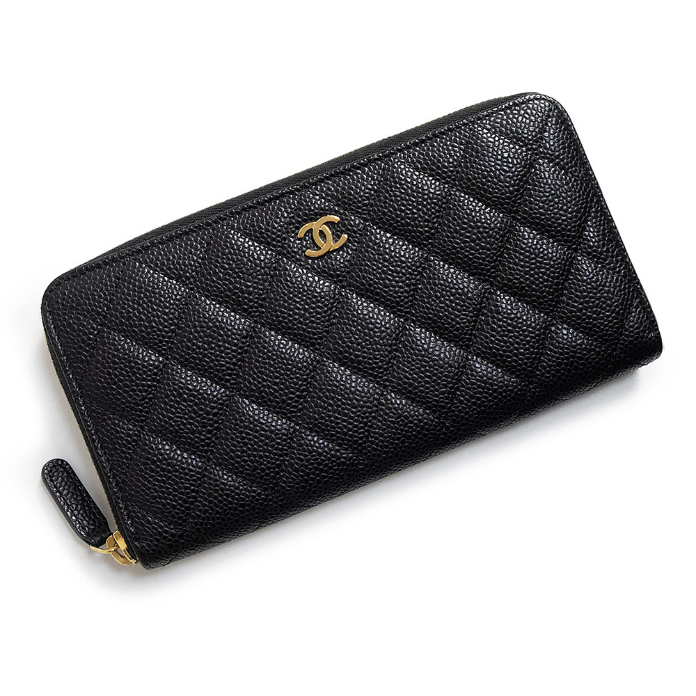 【美品】CHANEL シャネル A50097 マトラッセ ラウンドチャック ジップウォレット キャビアひと肌 黒いこと 長金入れ なめし革 ゴールド金具