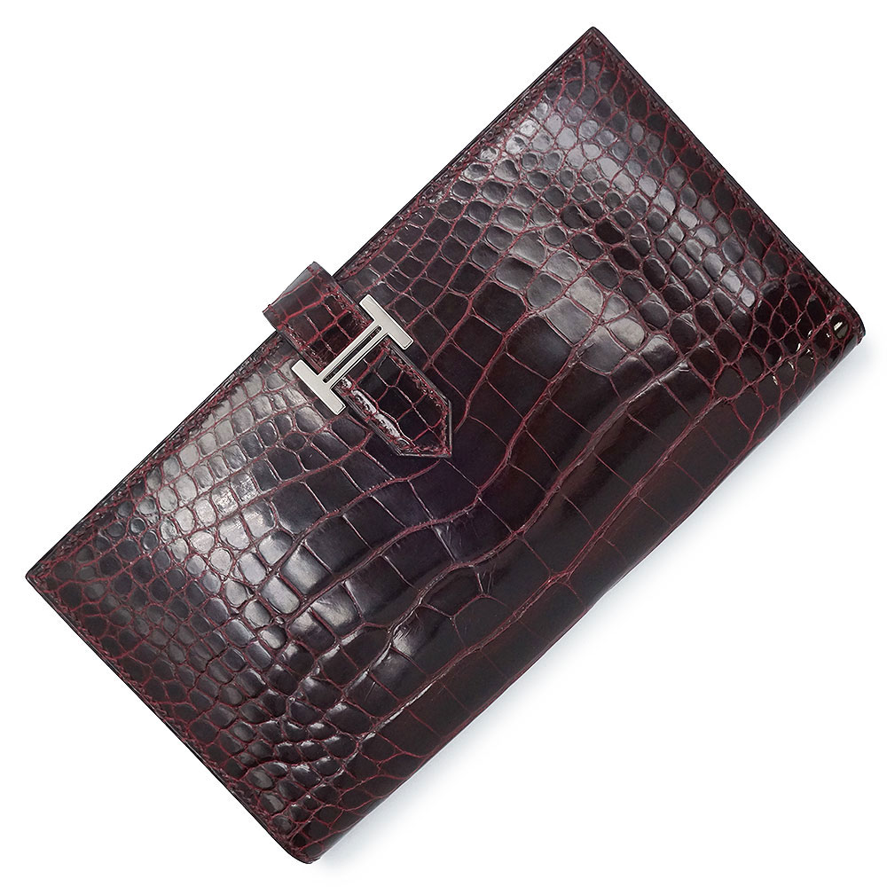 【未使用　展示品】HERMES エルメス ベアン クラシック アリゲーター クロコダイル ルージュアッシュ ボルドー T刻印 二つ折り長財布 エキゾチックレザー シルバー金具｜ブランドシティ　BrandCity