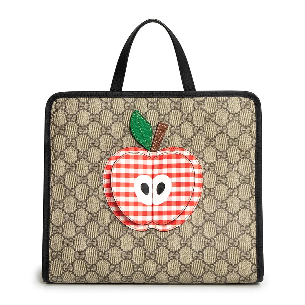 【未当て嵌める 見せびらかす品】GUCCI グッチ ?648797 チルドレンズ 3D アップル ギンガム照合のしるし GGスプリームキャンバス ベージュ 黒いこと 赤いこと ハンドバック トート しろがね色金具