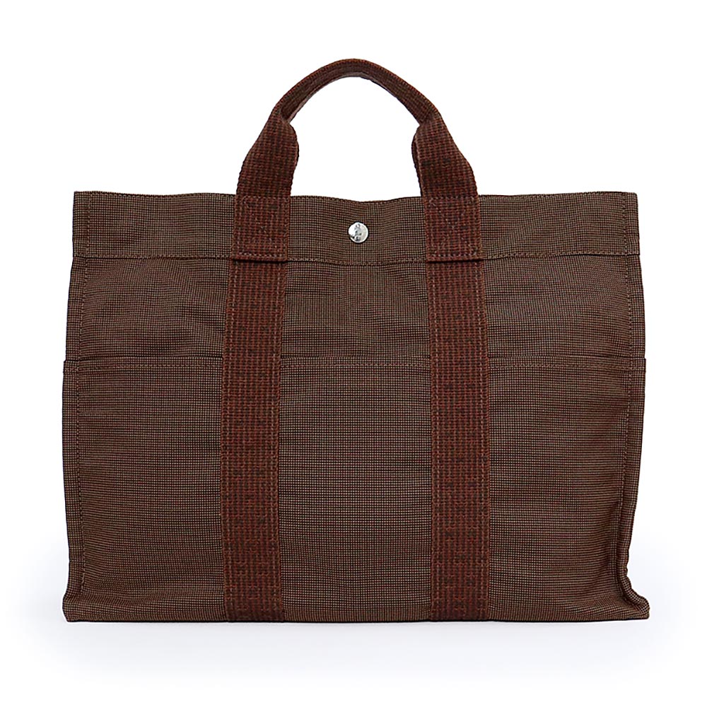 【美品】HERMES エルメス 叫び泣き伝達ルート トート MM 帆布 Chocolat 黒茶 Caramel カルメ焼 赤銅色 ハンドバック しろがね色金具