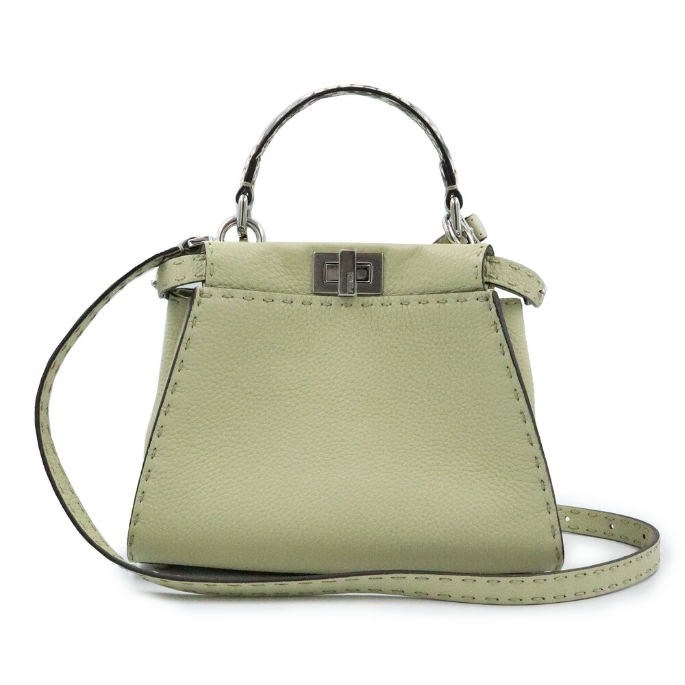 【新品・未当て嵌める品】FENDI フェンディ 8BN244 ピーカブー ミニ カーフスキン パイソン Sage サルヴィア カーキ 2WAY 肩肉 ハンドバック 曲がった掛け なめし革 エキゾチックレザー しろがね色金具