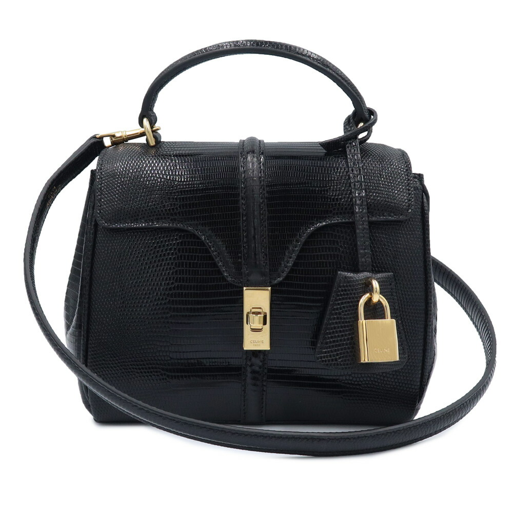 【未当てはめる 見せびらかす品】CELINE セリーヌ 197984BF2 ミニ 16 セーズ 蜥蜴 黒いこと 2Way 肩先 ハンドバック 曲がった掛け エキゾチックレザー ゴールド金具