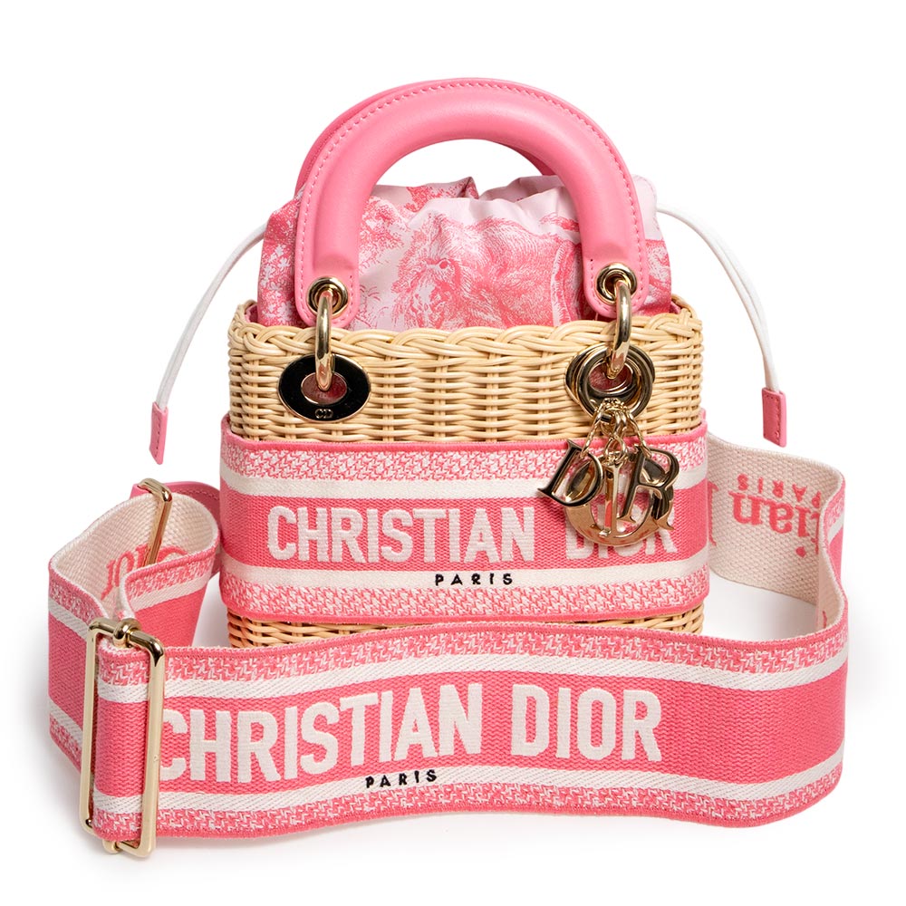 【未当て嵌める 見せびらかす品】Dior クリスチャンディオール M0505OIFI Lady Dior Dioriviera レディディオール ディオリビエラ ウィッカー なめし革 トワルドゥジュイジャカード さくら色 2Way 曲がった掛け 肩肉 ハンドバック ゴールド金具