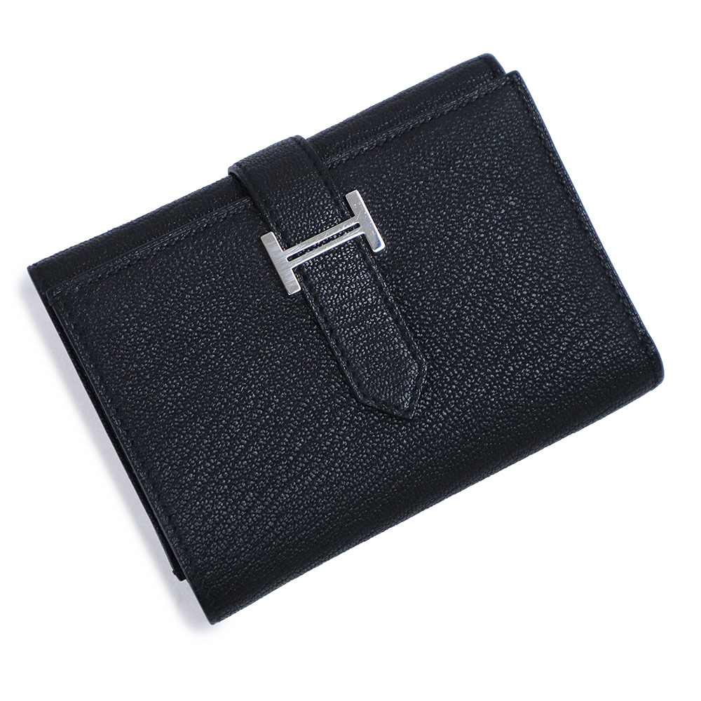 【美品】HERMES エルメス ベアン コンビネ パウダーコンパクト ヴォーエプソン Noir ノワール 黒いこと B目じるし 三つ折り札入れ なめし革 しろがね色金具 箱付
