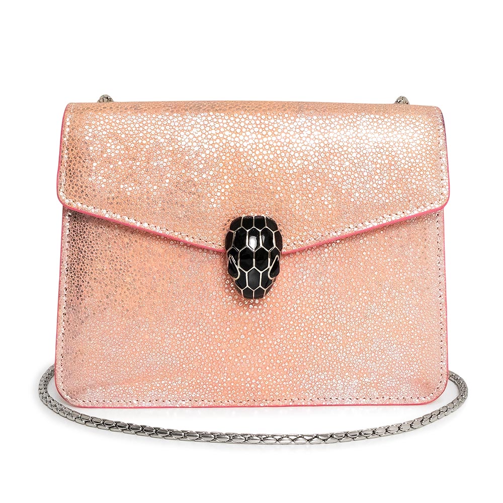 【未当て嵌める 見せびらかす品】BVLGARI ブル小峡谷 289408 セルペンティ フォーエバー ガルーシャ スムースカーフレザー さくら色 チェーン店 ショルダーバッグ 曲がった掛け しろがね色金具