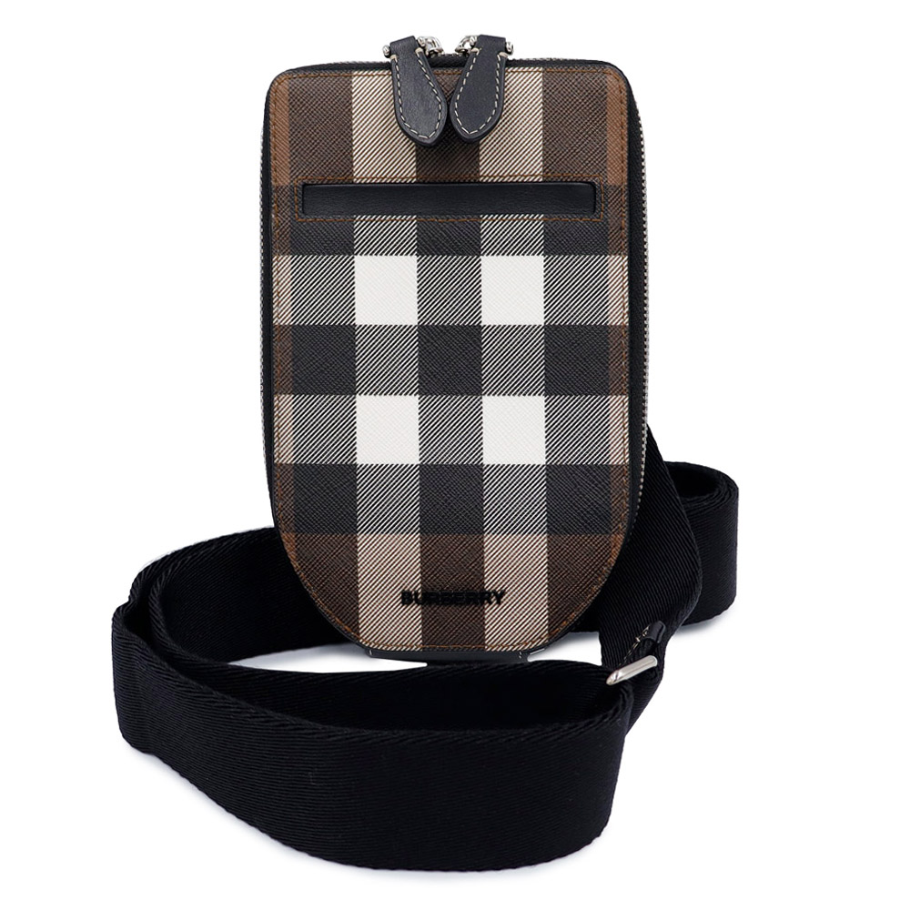【新品・未当て嵌める品】BURBERRY バーバリー 8050833 電話機容れもの ポリウレタン75% 綿織物25% ダークバーチブラウン 持ちはこぶ スマートフォンケース しろがね色金具
