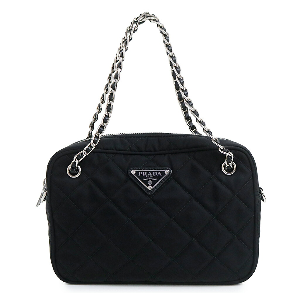 【美品】PRADA プラダ 1BH910 ３角形ロゴタイプ チェーン店 キルティング TESSUTO IMPUNTU ナイロン NERO ネロ 黒いこと ハンドバック しろがね色金具