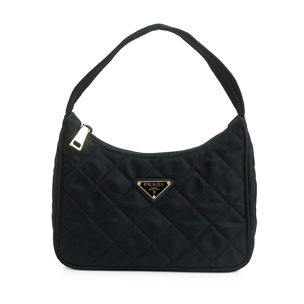 【未当て嵌める 見せびらかす品】PRADA プラダ 1NE051 ３角形 ロゴタイプ キルティング ナイロン NERO ネロ 黒いこと ハンドバック ゴールド金具