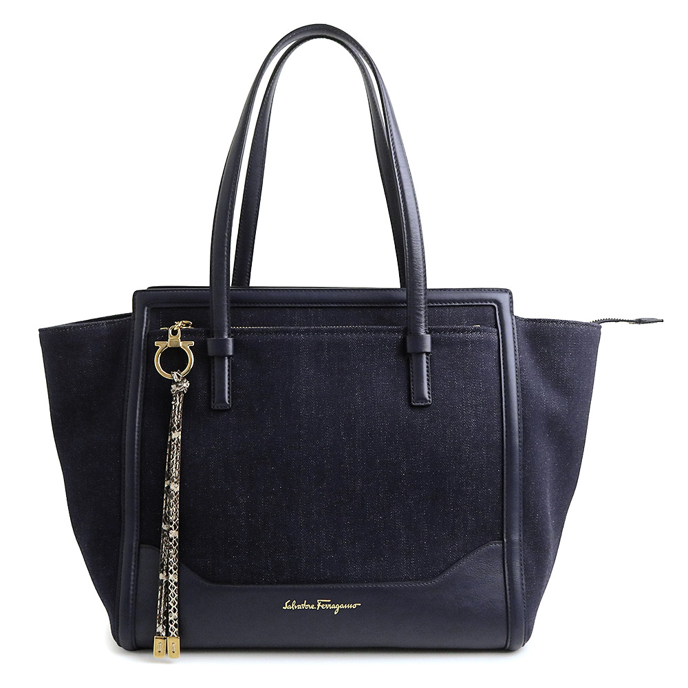 【未当て嵌める 見せびらかす品】Salvatore Ferragamo サルヴァトーレフェラガモ EZ-21 ガンチーニ エイミー ジーンズ カーフスキン パイソン 米国海軍 ハンドバック エキゾチックレザー ゴールド金具