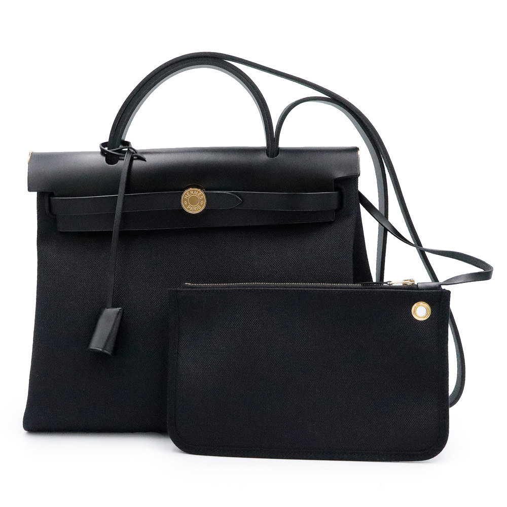 【未当て嵌める 見せびらかす品】HERMES エルメス エールバッグジップ 31 PM ヴァッシュハンター トワルアッシュ Black 黒いこと U目じるし 2WAY 肩部 ハンドバック 曲がった掛け なめし革 帆布 ゴールド金具