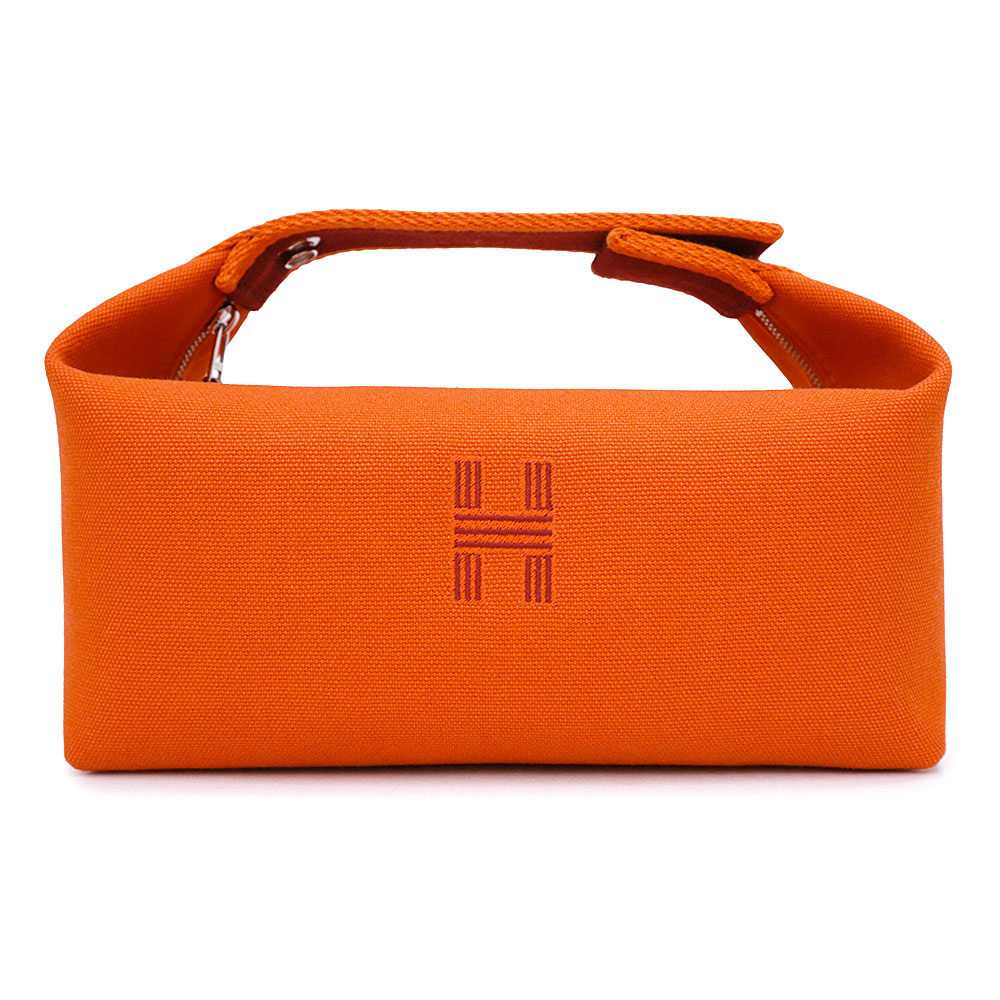 【未当て嵌める蔵置き品】HERMES エルメス ブリッド ア 黒いこと PM 綿織物100％ 帆布 ORANGE FEU オランジュ フー オレンジ色 バニティ 車寄せ 2塁手 ハンドバック しろがね色金具