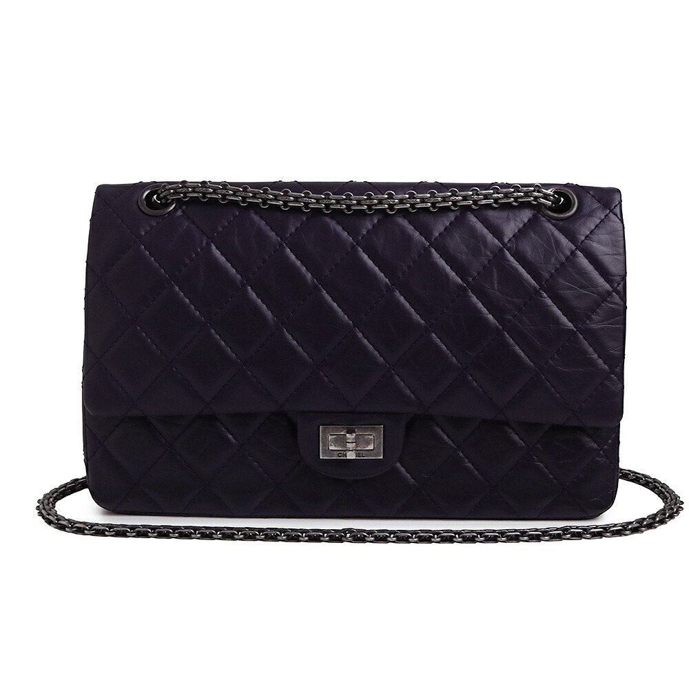 【美品】CHANEL シャネル A37587 2.55 デカ マトラッセ マドモアゼル　マキシ ラージ Wフラップ チェーン エイジドカーフスキン ダークパープル 2way ショルダー ハンドバッグ 斜め掛け ヴィンテージシルバー金具｜ブランドシティ　BrandCity