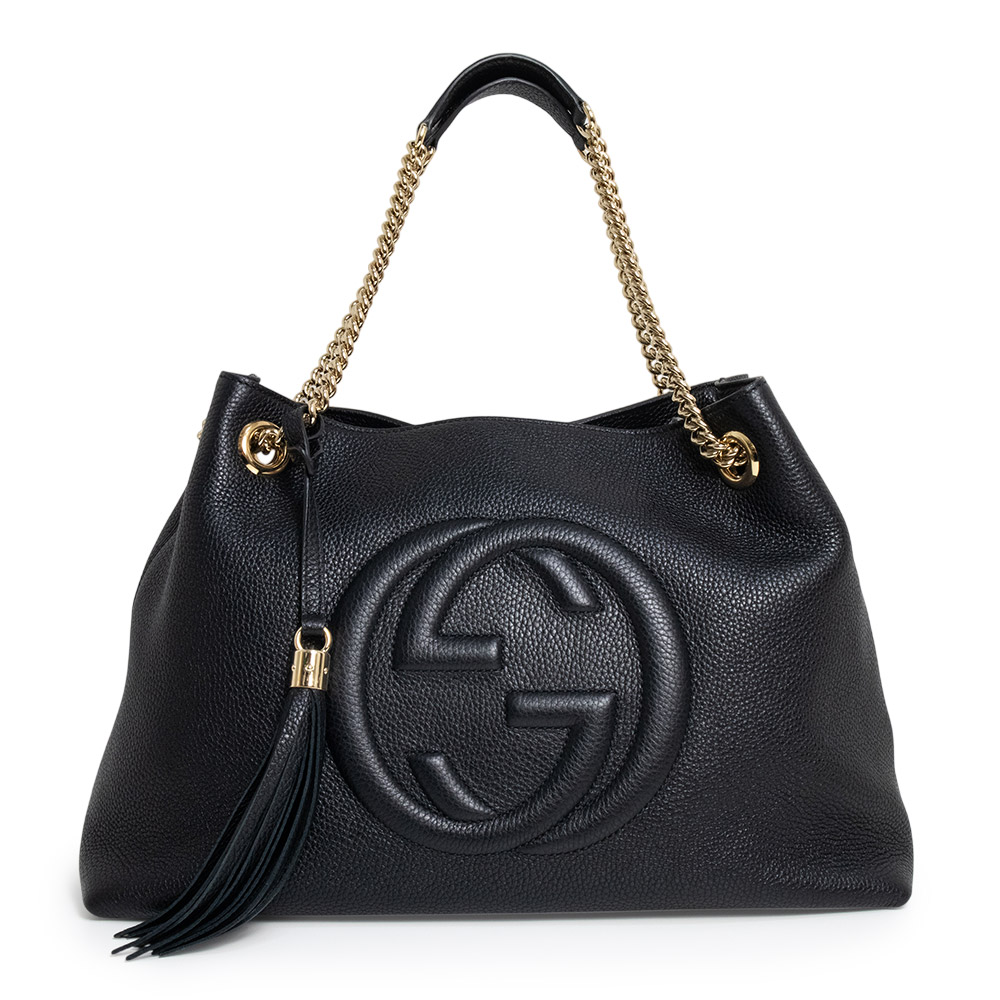 【未使用　展示品】GUCCI グッチ 536196 ソーホー インターロッキングＧ カーフスキン ブラック フリンジ タッセル チェーン ショルダー トートバッグ レザー ゴールド金具｜ブランドシティ　BrandCity