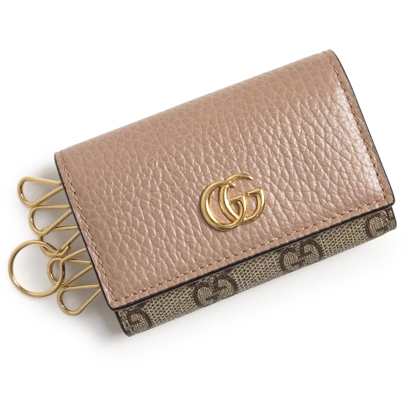 【新品・未使用品】GUCCI グッチ 456118 GGマーモント ダブルG バイカラー 6連 GGスプリームキャンバス カーフスキン ベージュ ダスティピンク キーケース レザー ゴールド金具 箱付|ブランドシティ BrandCity