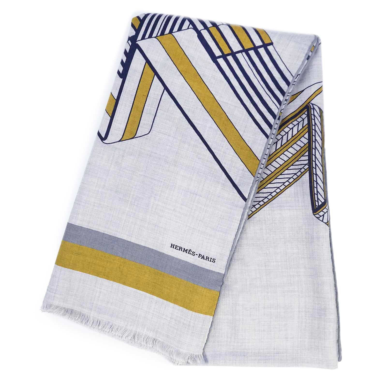 【新品・未使用品】HERMES エルメス SANGLES EN ZIGZAG ジグザグのサングル カシミヤ70% シルク30％ グレー 大判 スカーフ ストール ショール マフラー 箱付｜ブランドシティ　BrandCity