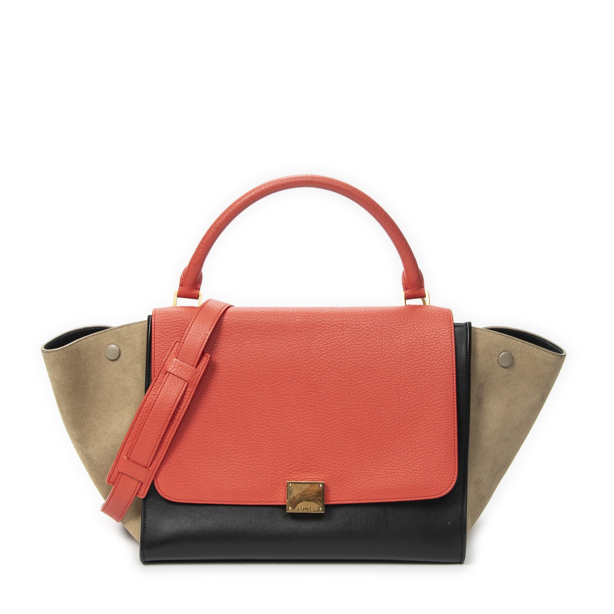 [中古] CELINE セリーヌミディアムトラぺズ赤、ベージュ、黒カーフスキンレザーA｜BrandCo Paris - Japan