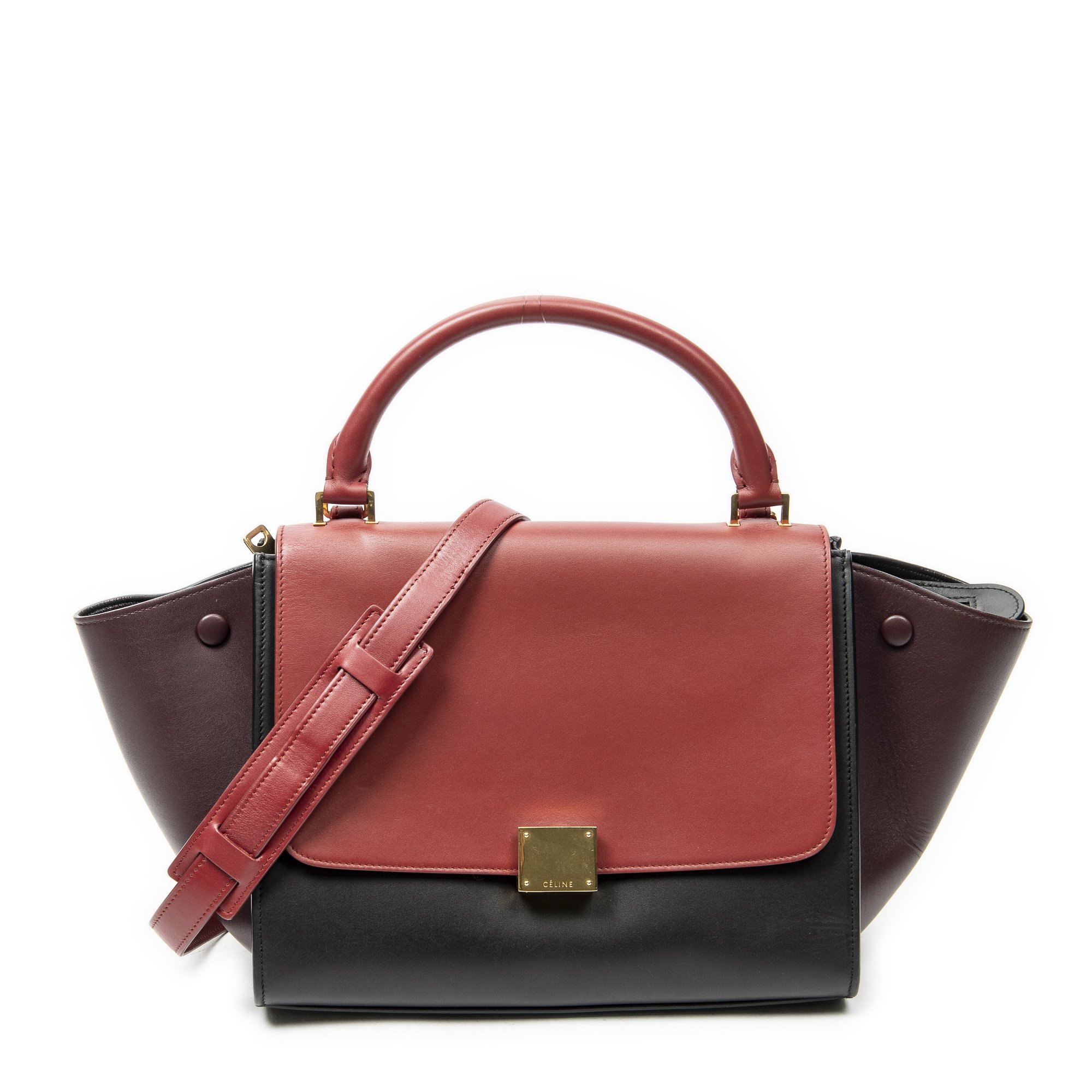 [中古] CELINE セリーヌスモール三色トラぺズ赤、ダークブラウン、バーガンディカーフスキンレザーA｜BrandCo Paris - Japan