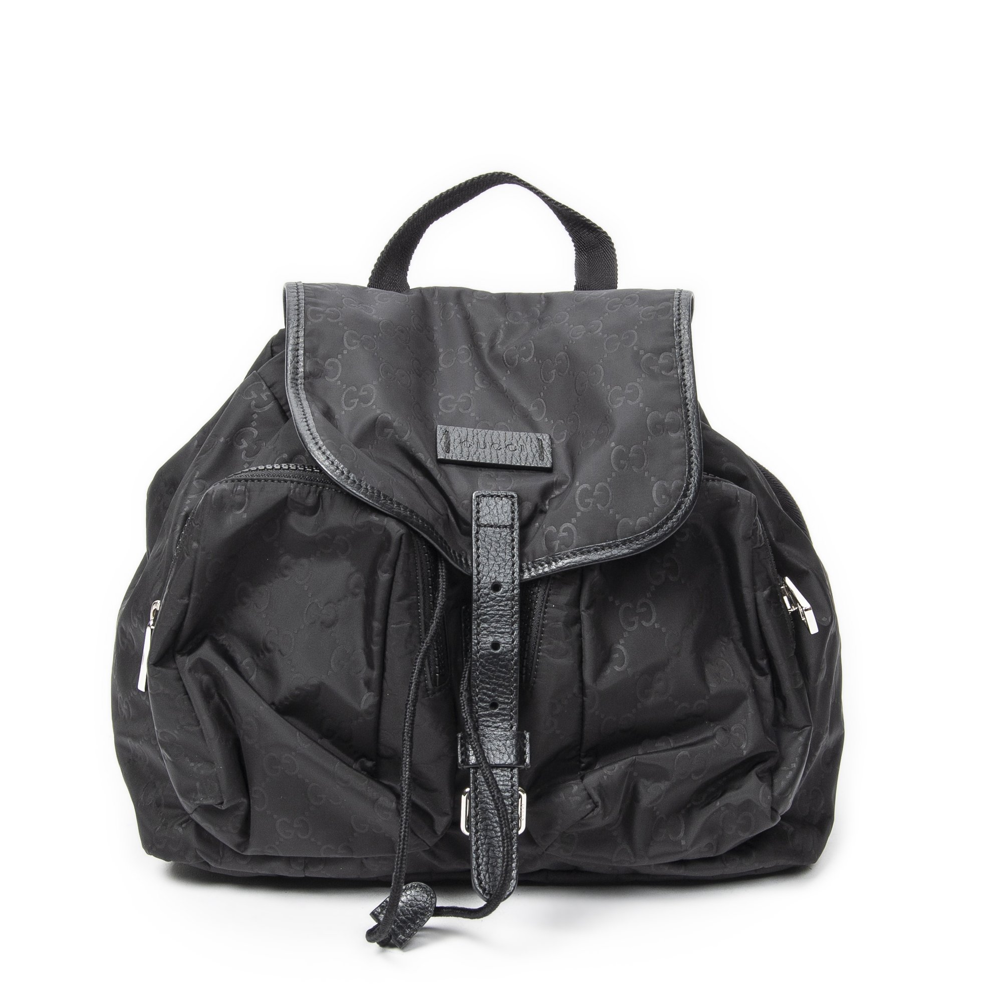 [中古] GUCCI グッチダブルポケット巾着リュックサック黒GGナイロンキャンバスA｜BrandCo Paris - Japan
