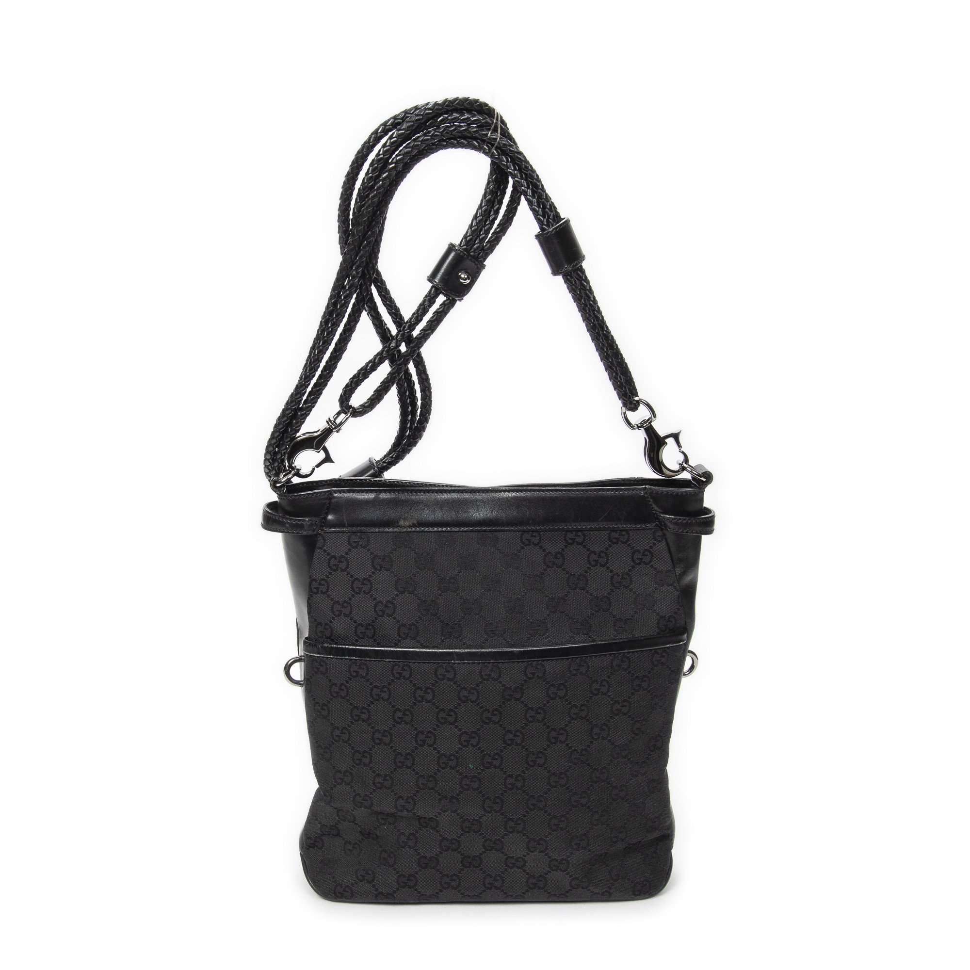 [中古] GUCCI グッチ編み込みストラップのクロスボディバッグ黒GGキャンバスA｜BrandCo Paris - Japan