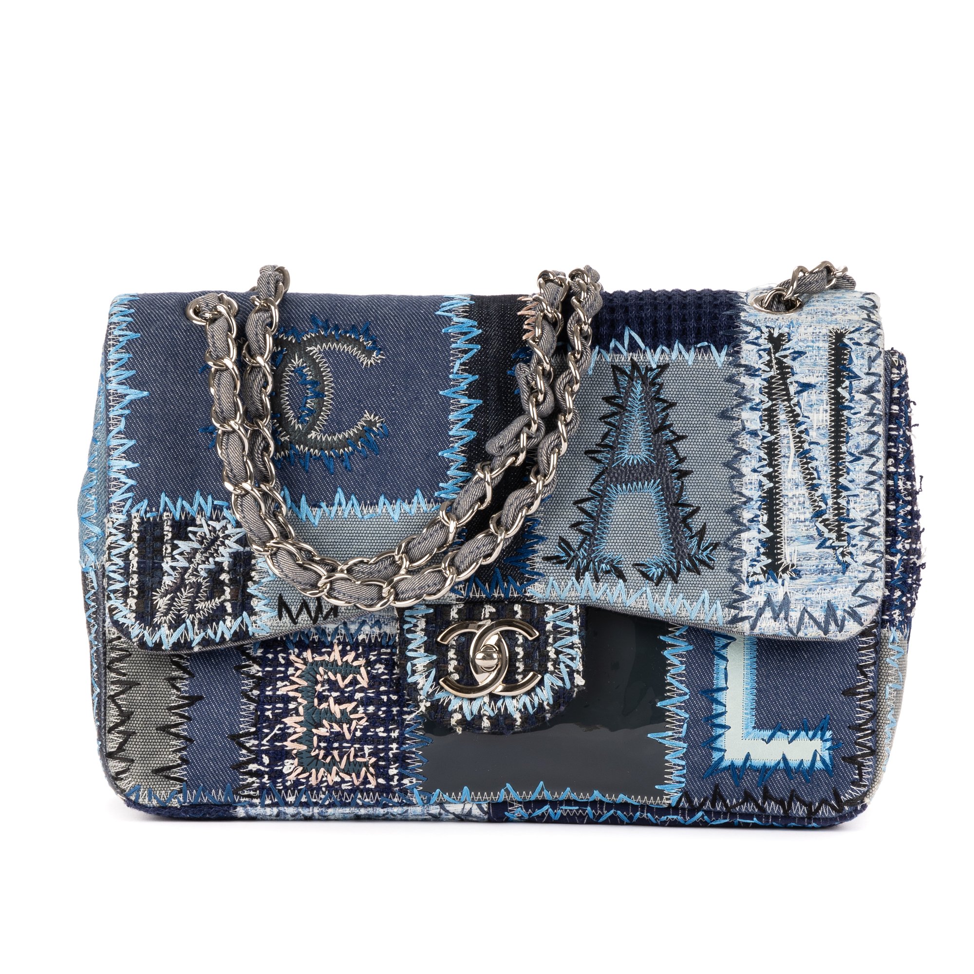 [中古] CHANEL シャネルリミテッドエディション パッチワーク クラシック ジャンボ フラップブルーデニムパッチワークデニムオーバーステッチキャンバスA｜BrandCo Paris - Japan