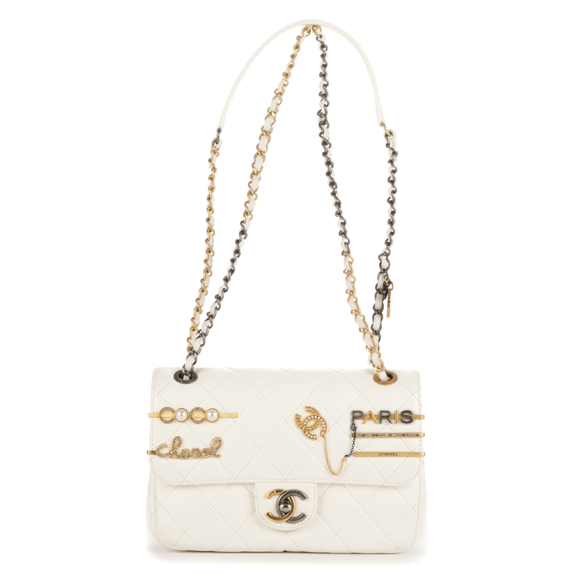 [中古] CHANEL シャネルCoco Clips Rhinestones Single Flap白マトラッセカーフスキンA｜BrandCo Paris - Japan