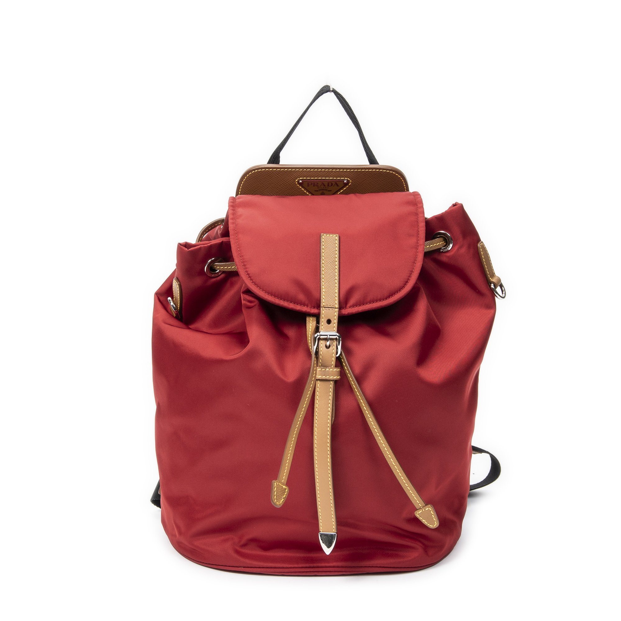 [中古] PRADA プラダドローストリング バックパック赤、タン、黒ナイロンキャンバスA｜BrandCo Paris - Japan