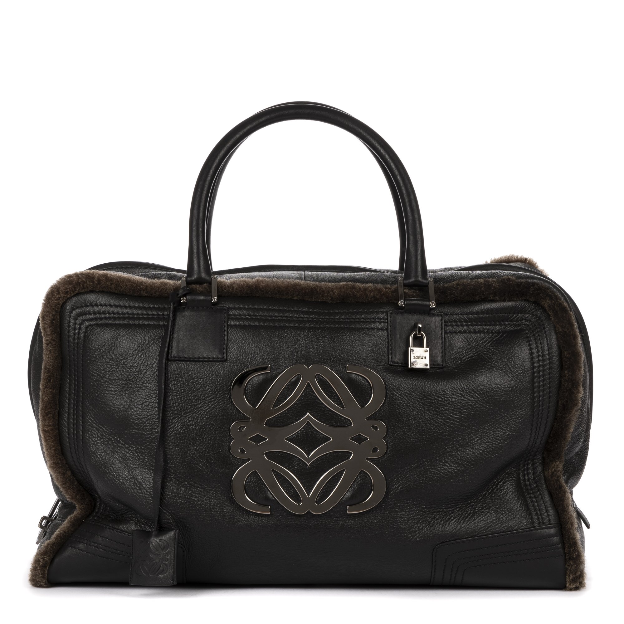 [中古] LOEWE ロエベAmazona Large Bostonブラック/ブラウンエイジドカーフスキン、毛皮キャンバスA｜BrandCo Paris - Japan