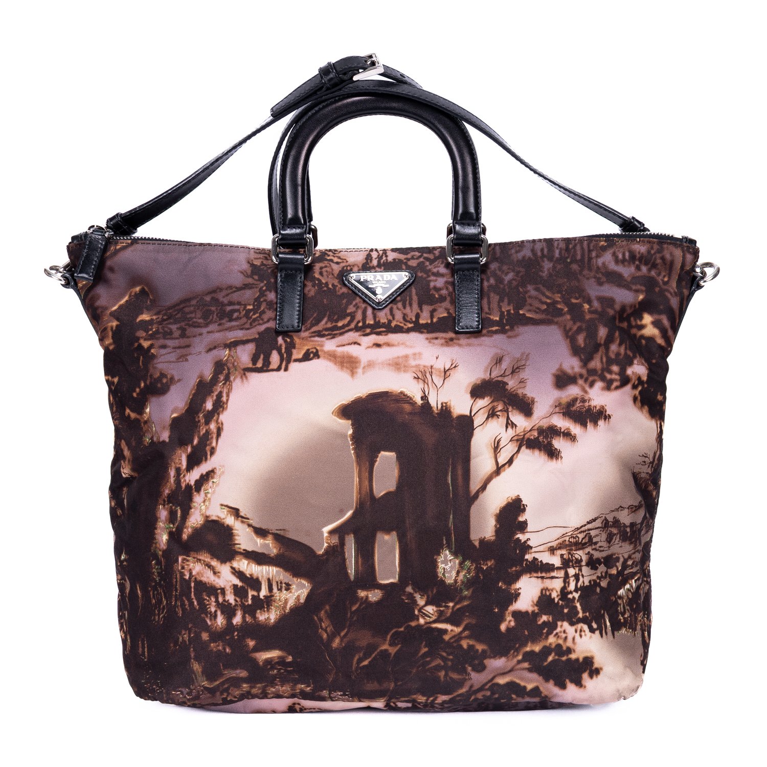 [中古] PRADA プラダTessuto Nylon Temple Print Tote Bagブラック/ベージュPrinted NylonA｜BrandCo Paris - Japan