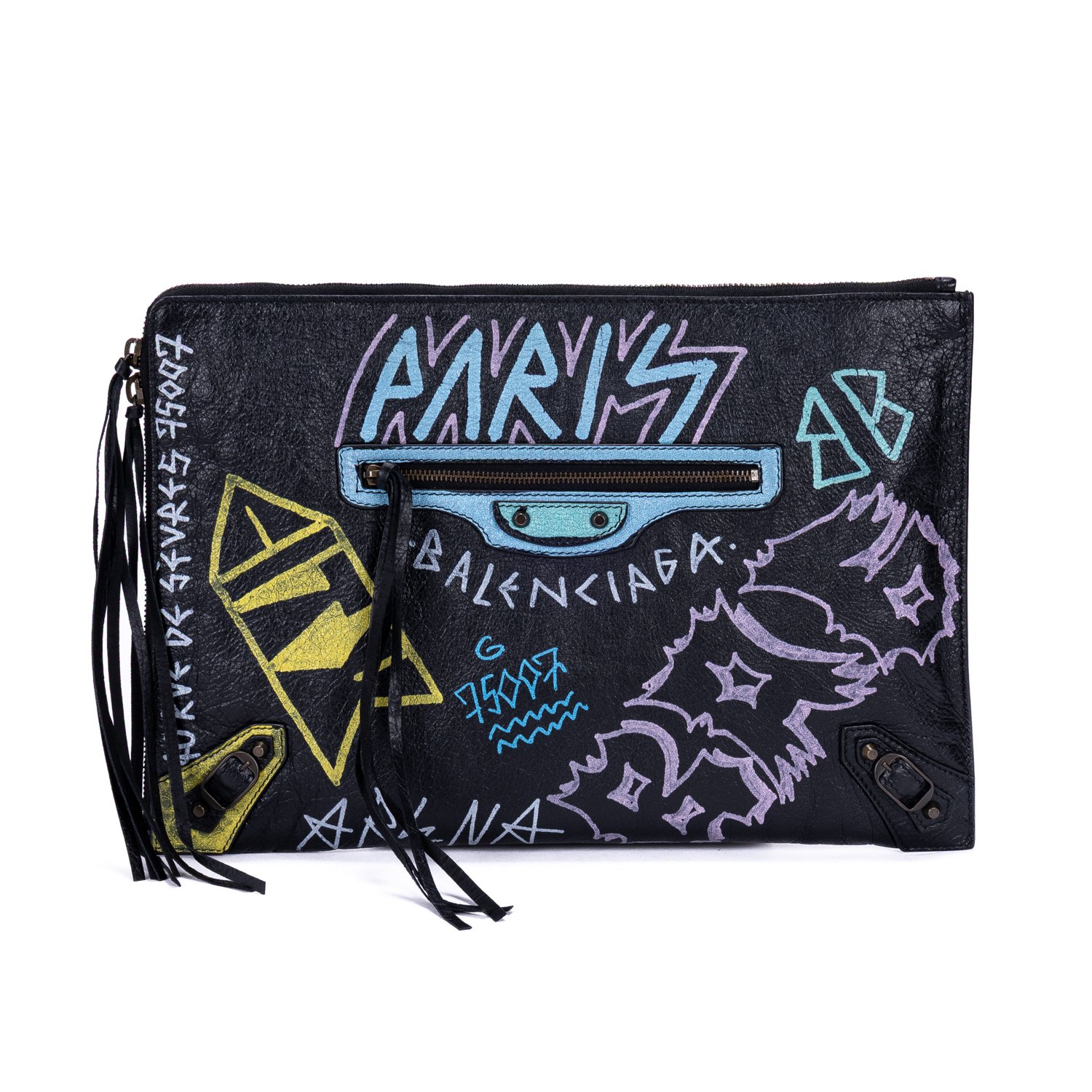 [中古] BALENCIAGA バレンシアガGraffiti Clutch黒、マルチカラーGraffiti Print LeatherA｜BrandCo Paris - Japan