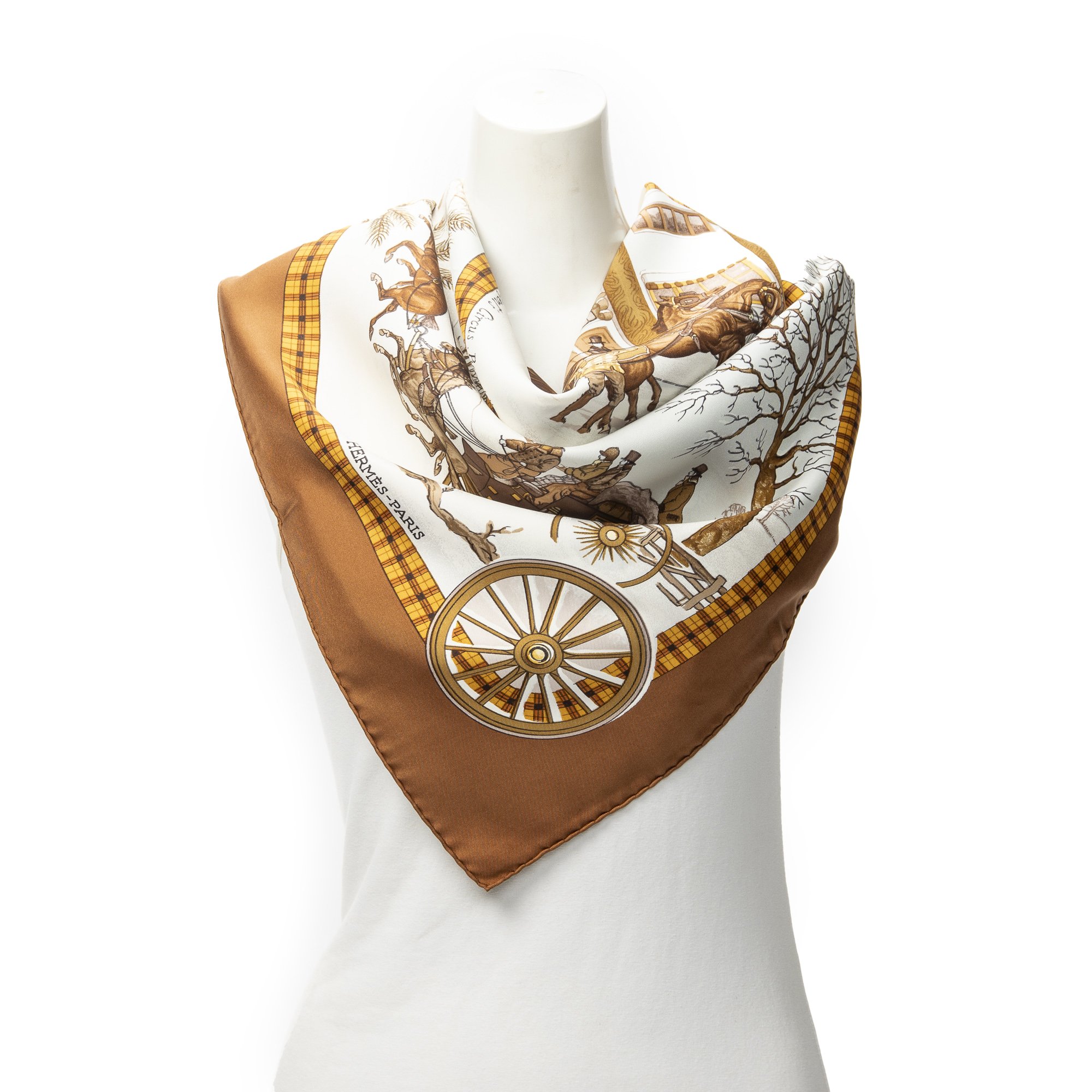 [中古] HERMES エルメススカーフ茶色、アイボリー100% ツイルシルクA｜BrandCo Paris - Japan