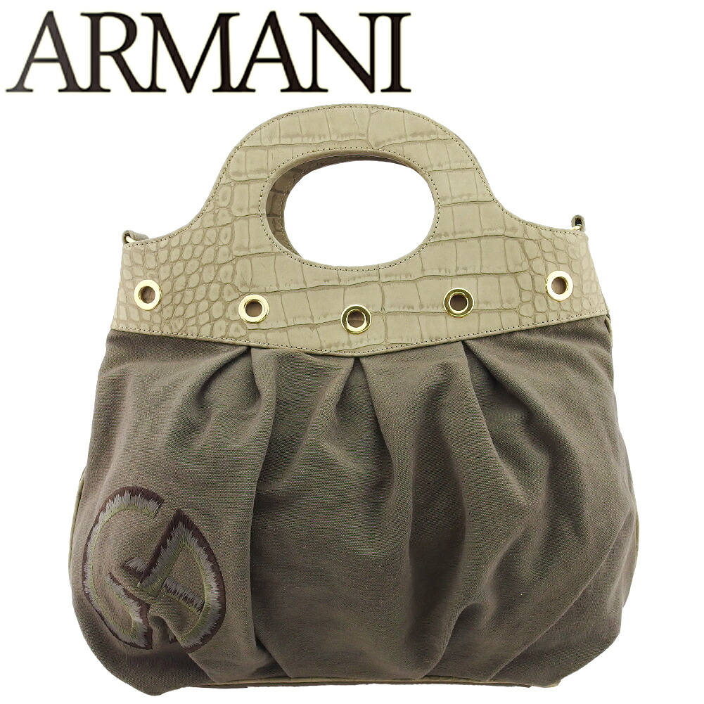 【Fashion Special Fair★24％OFFクーポン】【中古】 ジョルジオ アルマーニ ハンドバッグ トート バッグ レディース GAマーク ブラウン ベージュ系 キャンバス×型押しレザー×ゴールド金具 GIORGIO ARMANI C4712 ブランド ハイブランド ヴィンテージ 送料無料
