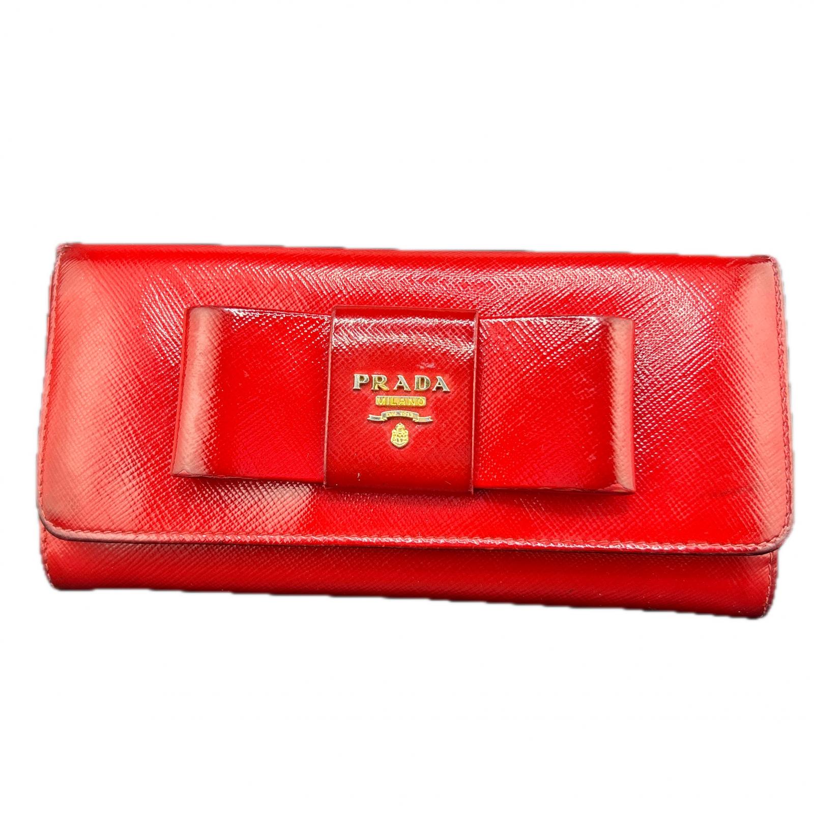 【お買い物マラソン★30%OFFクーポン】プラダ PRADA 長財布 ファスナー付き リボン レッド/ゴールド レザー 中古 ブランド ハイブランド ヴィンテージ 送料無料