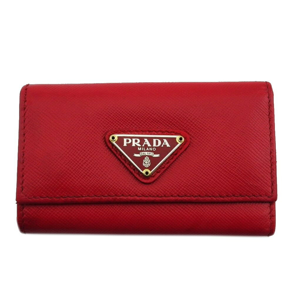 【Fashion Special Fair★24％OFFクーポン】プラダ PRADA キーケース トライアングルロゴ レッド サフィアーノレザー×ゴールド金具 レディース 中古