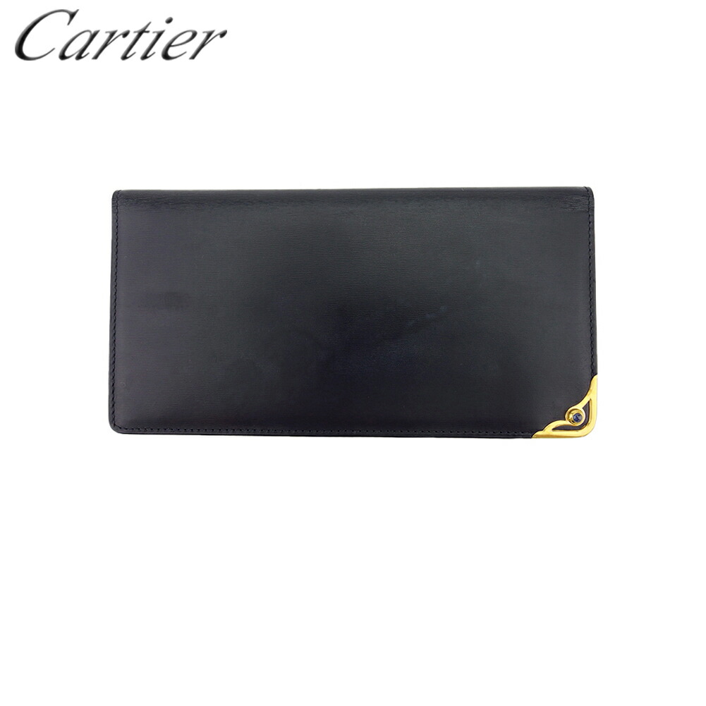【決算前SALE★50％OFFクーポン】【中古】 カルティエ 長札入れ 長財布 サファイアライン ネイビー　ゴールド レザー×ゴールド素材 Cartier L4145 ブランド ハイブランド ヴィンテージ 送料無料