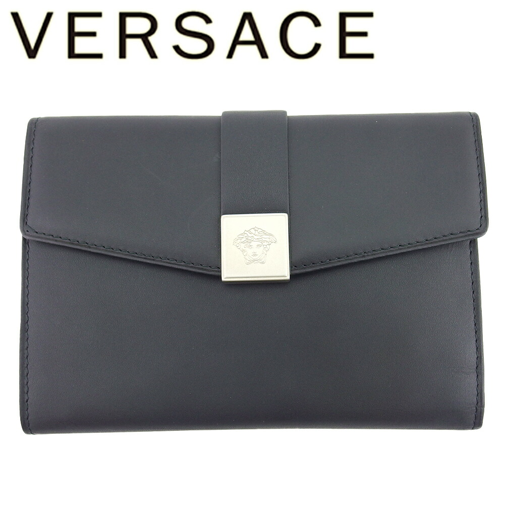 GIANNI VERSACE ブラック三つ折り財布　レザー　メデューサ メドゥーサ ビギー 三つ折り ウォレット ブラック,ゴールド